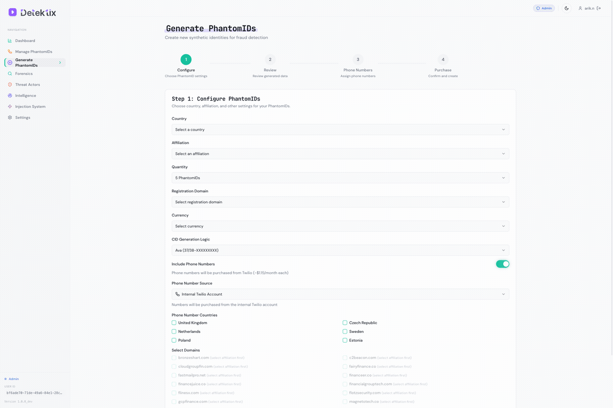 Generating a PhantomID — select country, affiliation, quantity, and domain